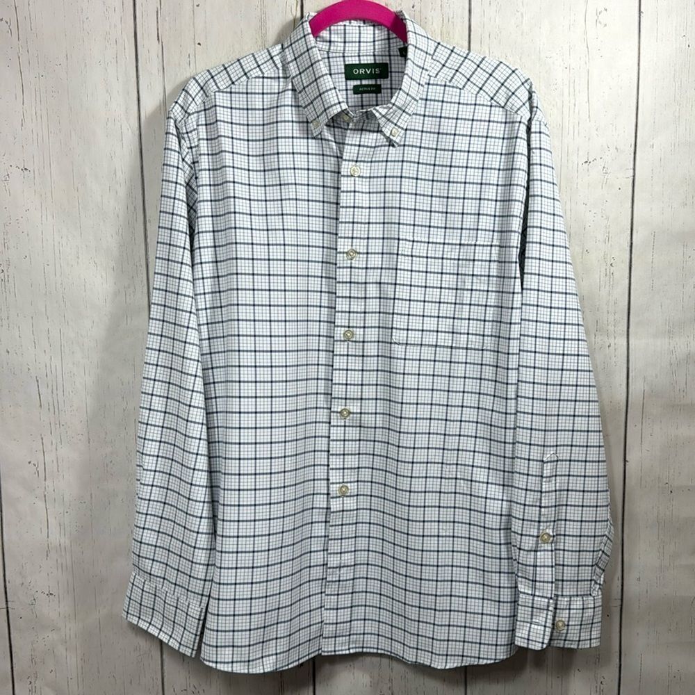 Orvis Active Fit Mens Plaid White Blue Long Sleeve Button Down Casual Shirt